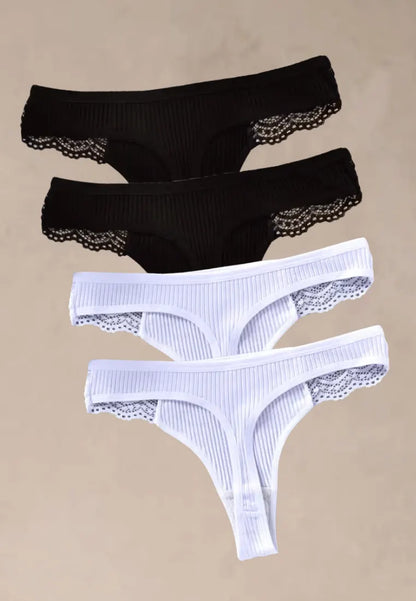 Zestaw 4 szt. stringi majtki damskie koronkowe bawełniane czarne i białe