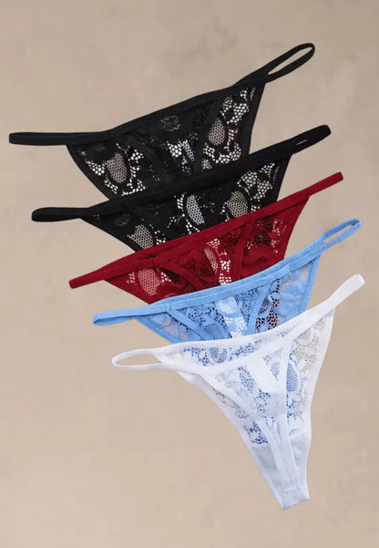 Zestaw 5 szt. stringi majtki damskie koronkowe bawełniane czarne, czerwone, niebieskie i białe