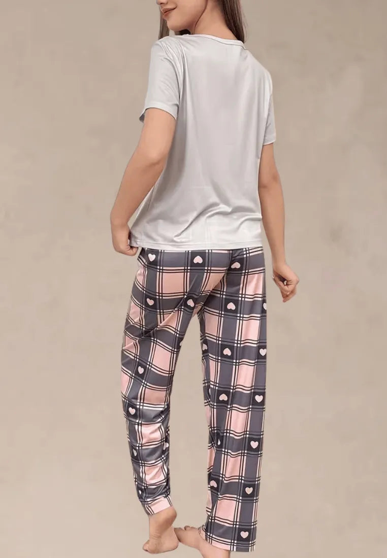 Komplet piżamowy damski z krótkim rękawem i długimi spodniami w kratę