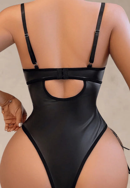 Czarny zestaw bielizny damski koronkowo-skórzany z wiązaniem i paskami na uda