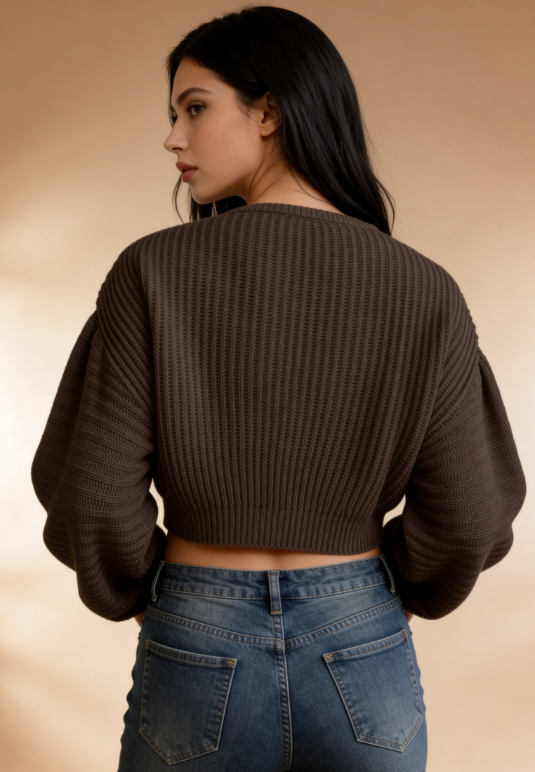 Brązowy sweter damski oversize z dekoltem V
