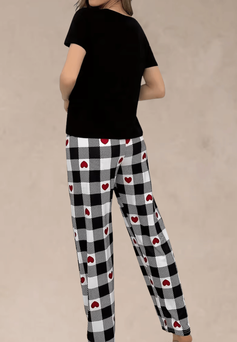 Komplet piżamowy damski z krótkim rękawem i długimi spodniami w kratę
