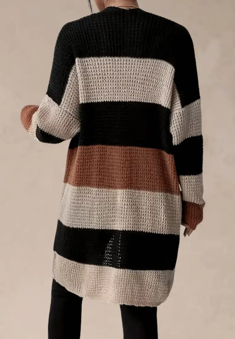 Paskowany kardigan damski oversize z kieszeniami gruby splot