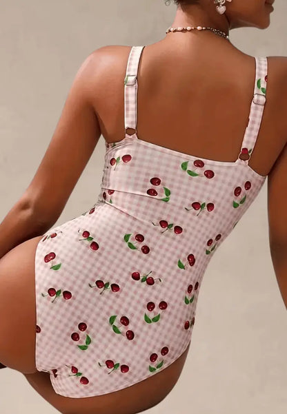 Różowy strój kąpielowy jednoczęściowy damski w kratkę z motywem wiśni