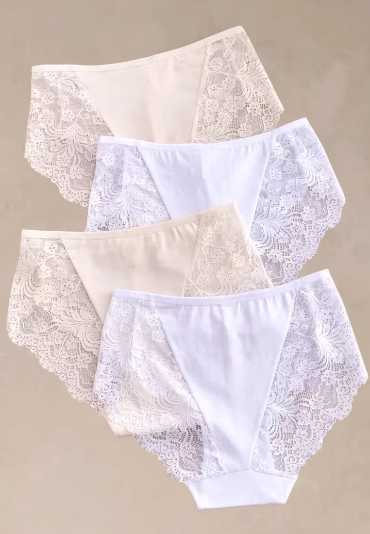Zestaw 4 szt. figi majtki damskie koronkowe bawełniane w bieli i beżach