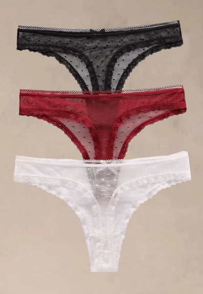 Zestaw 3 szt. stringi majtki damskie koronkowe bawełniane czarne, białe i czerwone