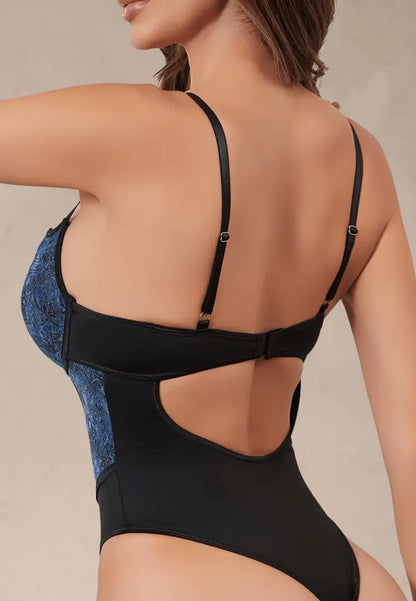 Niebiesko-czarne body damskie gorsetowe z koronkowym wzorem i wiązaniem z przodu