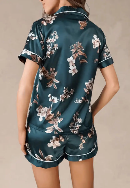 Zielony komplet piżamowy damski koszula i spodenki w kwiaty