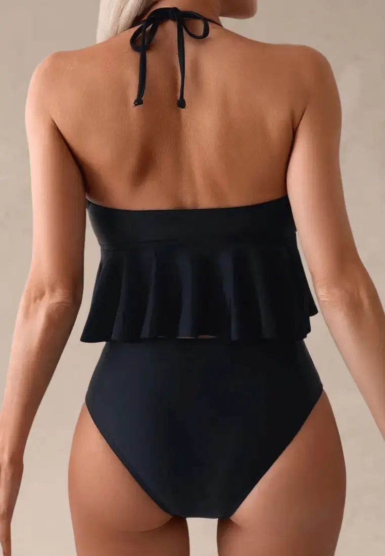 Czarny strój kąpielowy dwuczęściowy damski z uroczą falbanką i wiązaniem