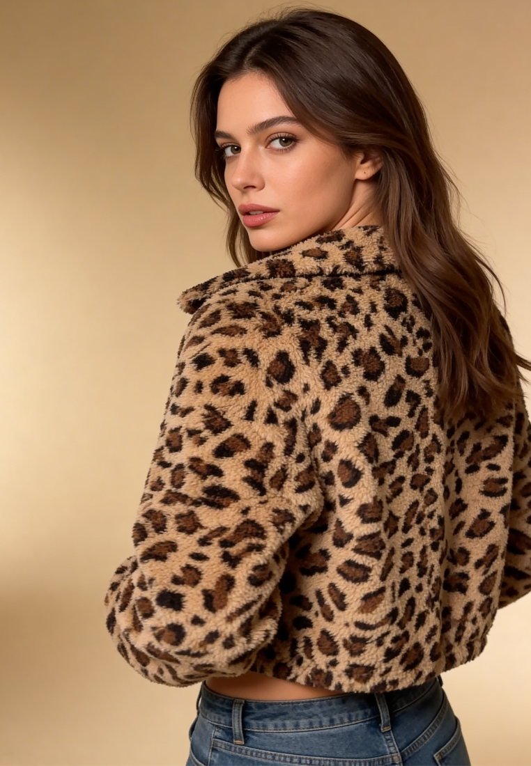 Panterkowa kurtka damska wzorzysta polarowa krótka na zamek
