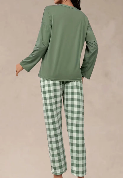 Zielony komplet piżamowy damski z długim rękawem i długimi spodniami w kratę