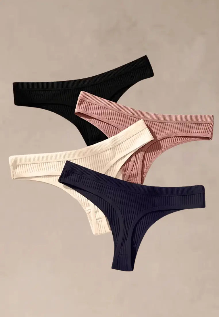 Zestaw 4 szt. stringi majtki damskie bawełniane prążkowane czarne, białe, pudrowe i granatowe