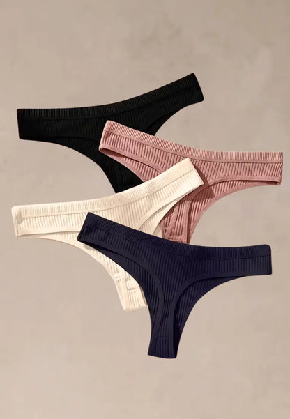 Zestaw 4 szt. stringi majtki damskie bawełniane prążkowane czarne, białe, pudrowe i granatowe