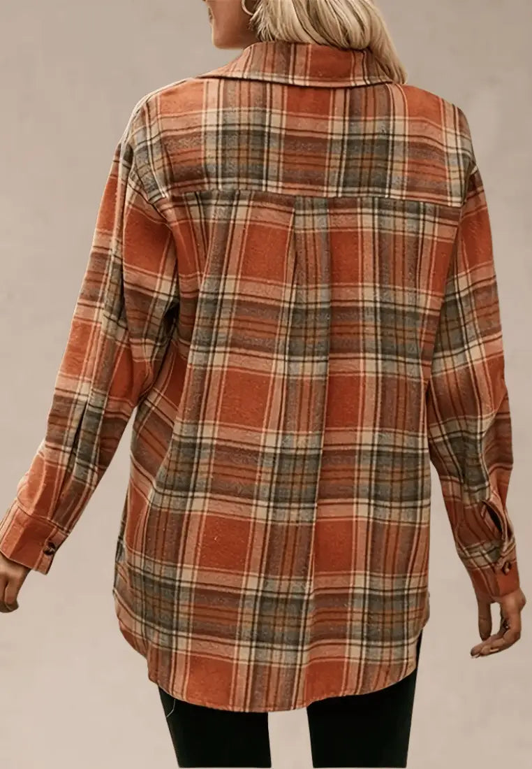 Pomarańczowa koszula damska flanelowa w kratę z kieszenią i guzikami