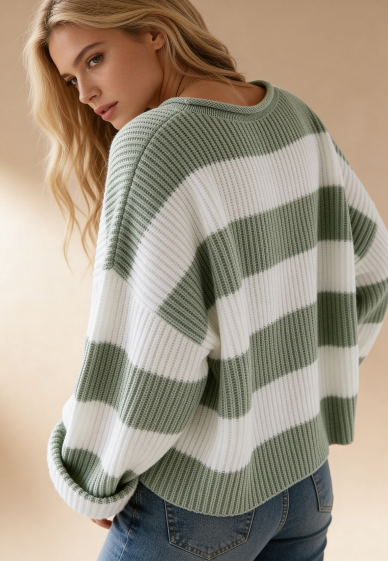 Zielono-biały sweter damski oversize w poziome pasy