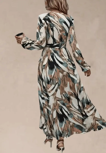 Zielono‑beżowa sukienka maxi z paskiem i nadrukiem artystycznym