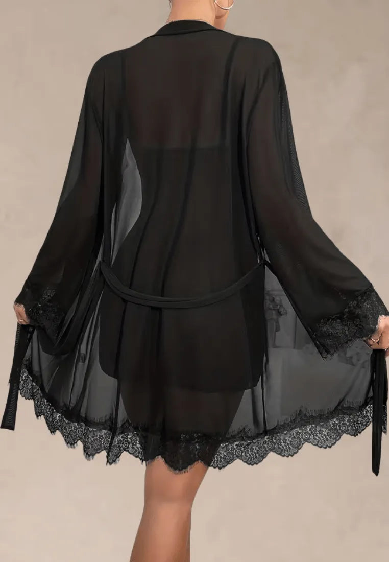 Czarny zestaw piżamowy damski z koszulą nocną i szlafrokiem z koronką