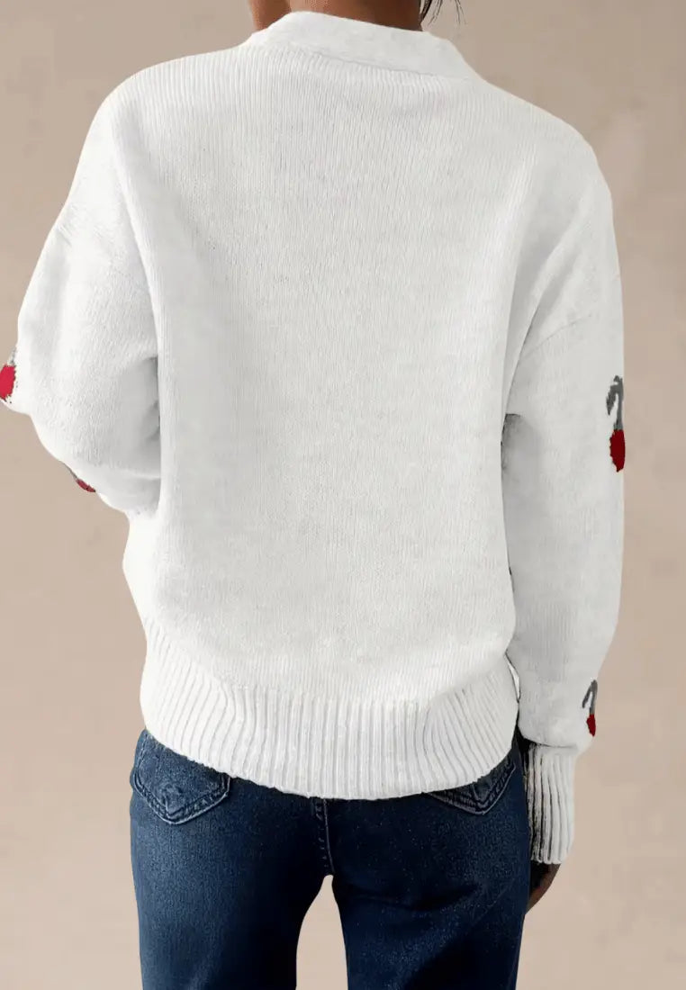 Biały kardigan damski z wiśniami krótki fason zapinany na guziki