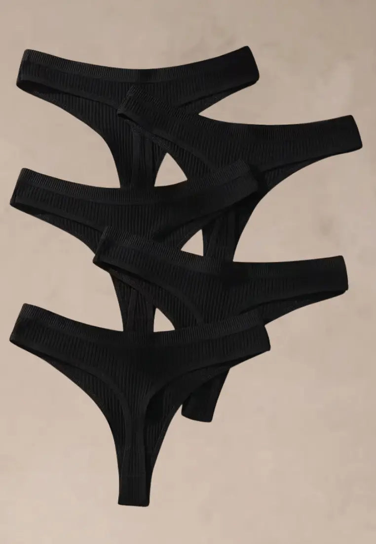 Zestaw 5 szt. stringi majtki damskie bawełniane prążkowane czarne