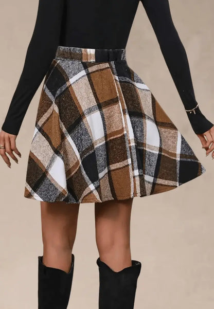 Brązowa spódniczka damska rozkloszowana mini wysoki stan kratka
