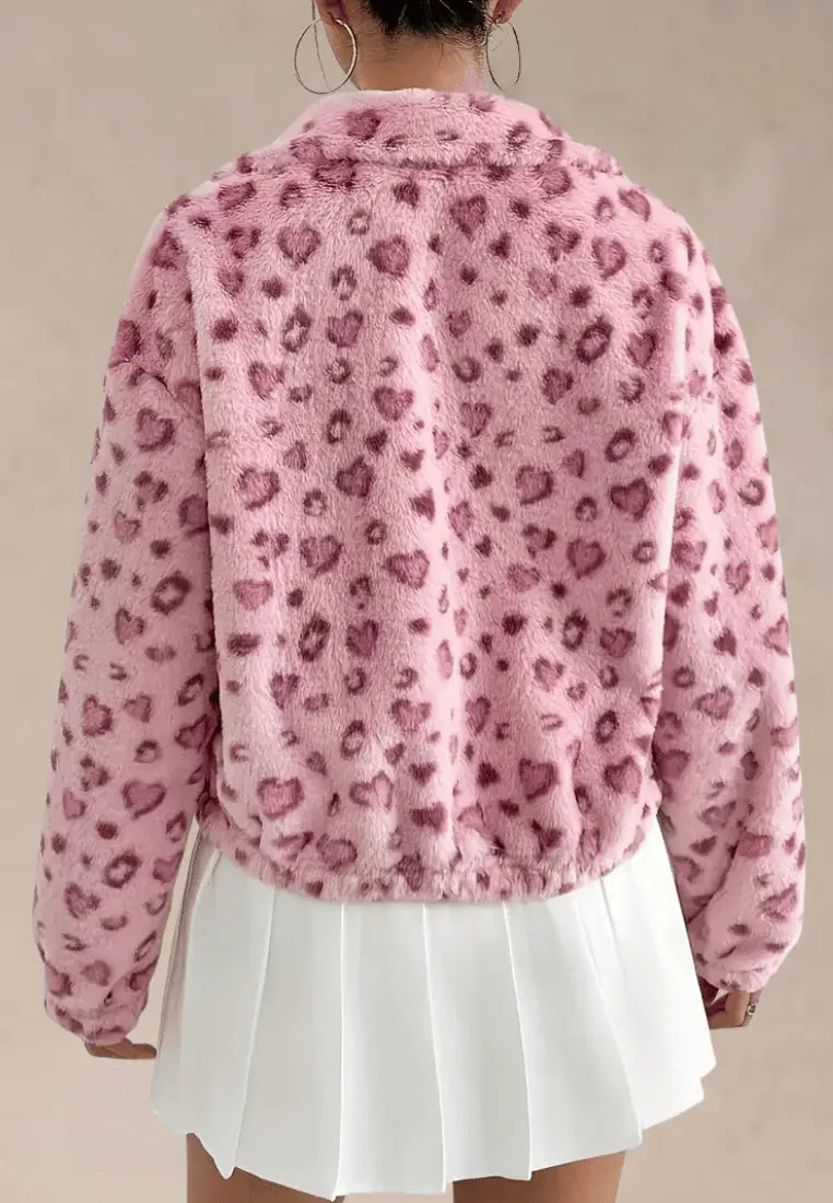 Różowa kurtka damska polarowa krótka w serduszka na zamek