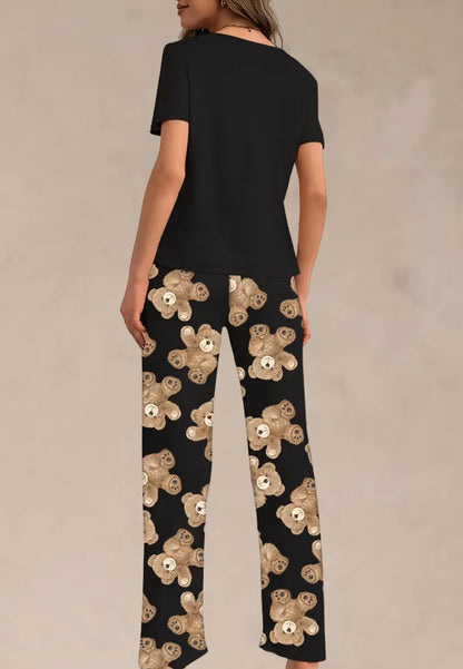 Czarny komplet piżamowy damski z krótkim rękawem i długimi spodniami z misiami