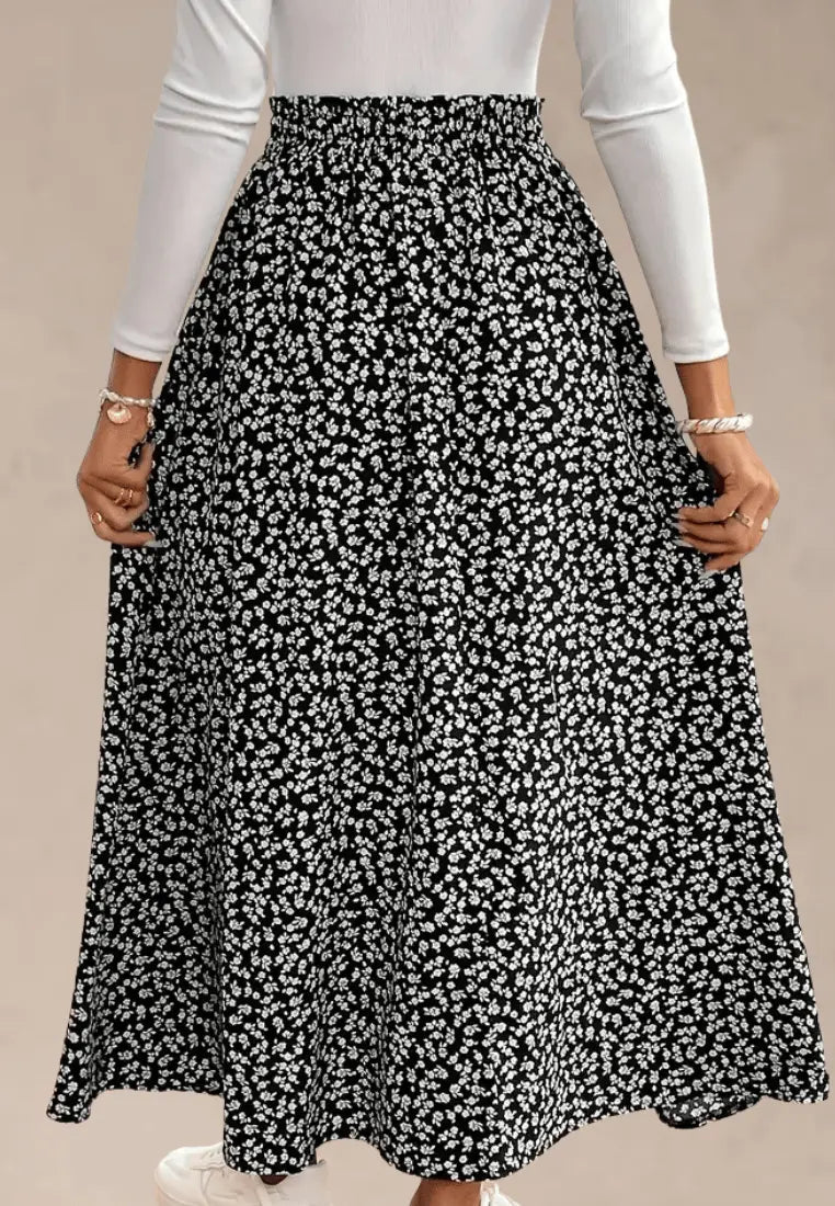 Czarna spódnica damska rozkloszowana maxi kwiatowy print wysoki stan