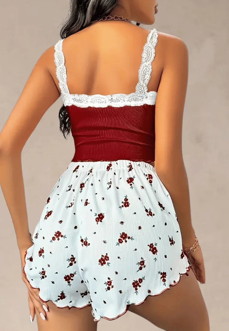 Bordowo-biały komplet piżamowy damski z ramiączkami i szortami z koronką