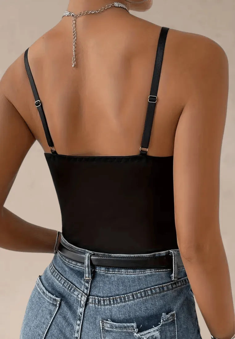 Czarne body damskie gorsetowe z siateczką i kryształkami na ramiączkach