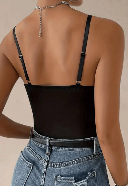 Czarne body damskie gorsetowe z siateczką i kryształkami na ramiączkach