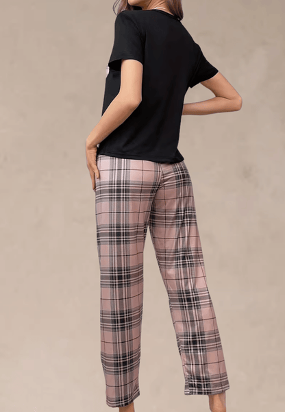 Komplet piżamowy damski z krótkim rękawem i długimi spodniami w różową kratę
