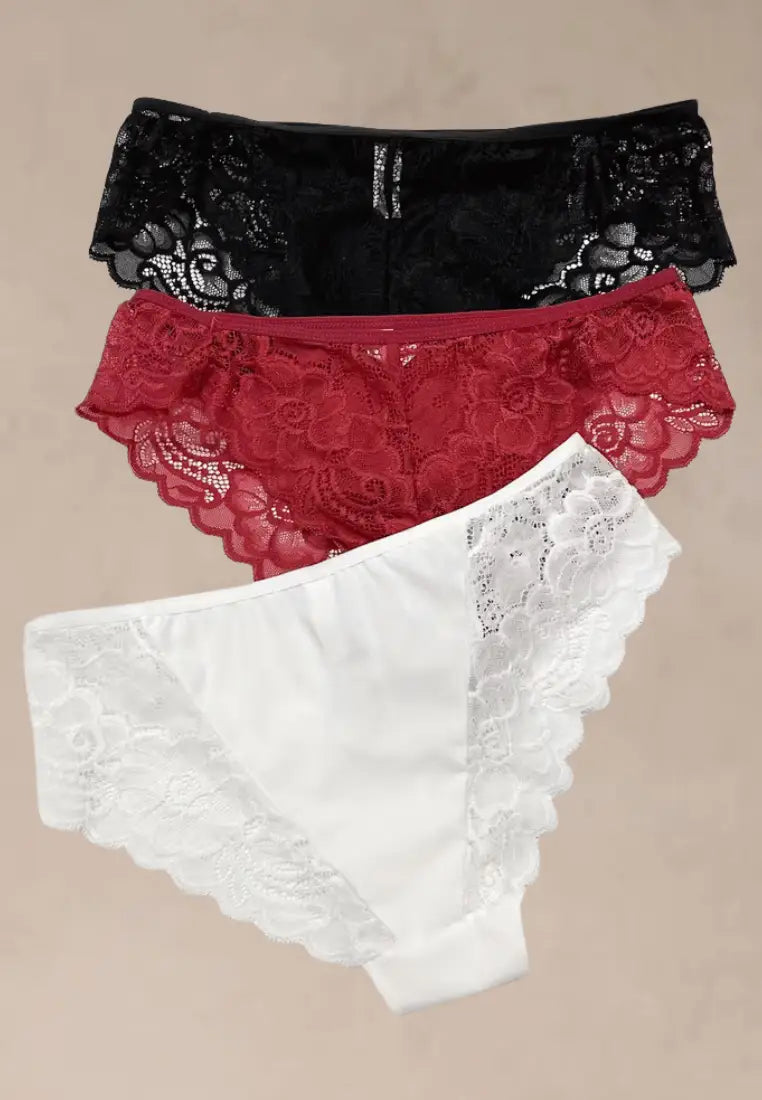 Zestaw 3 szt. figi majtki damskie koronkowe bawełniane czarne, białe i czerwone