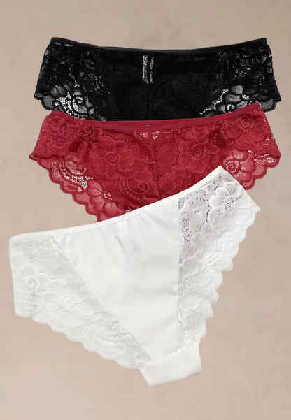 Zestaw 3 szt. figi majtki damskie koronkowe bawełniane czarne, białe i czerwone