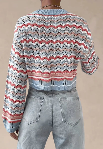 Wielokolorowy sweter damski ażurowy z okrągłym dekoltem
