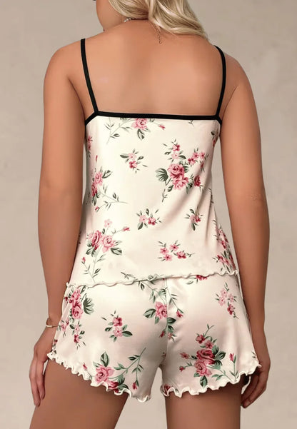 Beżowy komplet piżamowy damski z topem na ramiączkach i szortami w kwiaty