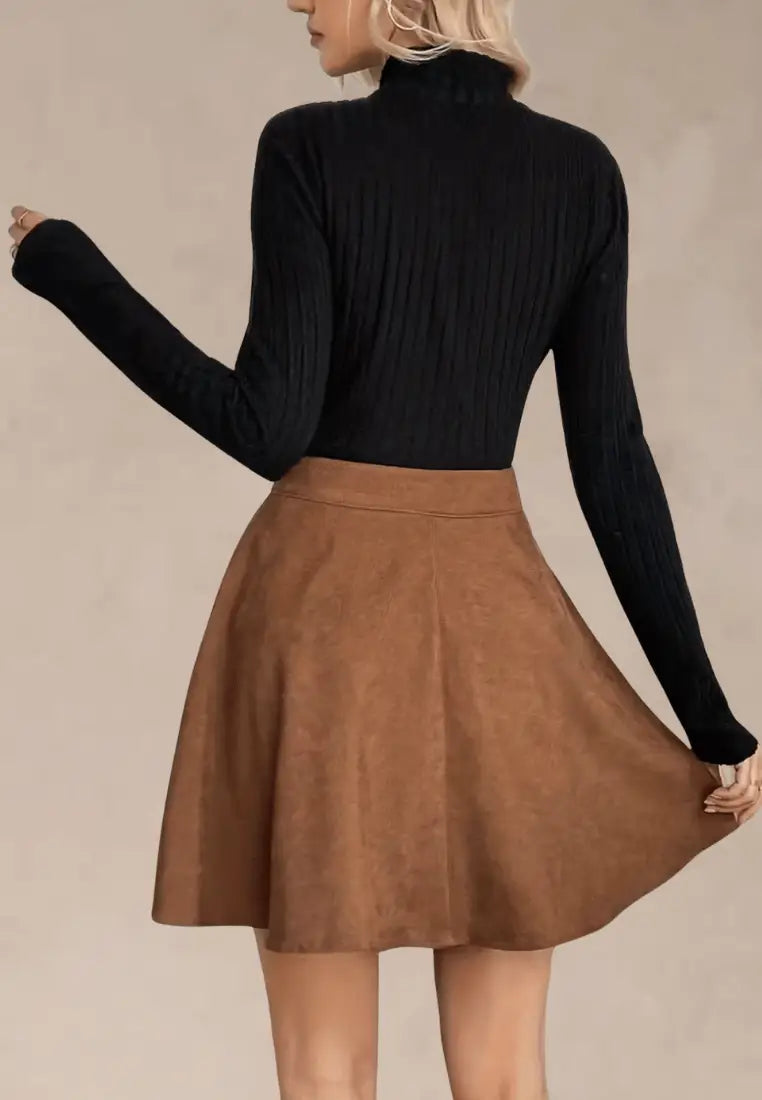 Brązowa spódniczka damska skater mini zamszowy wysoki stan casual