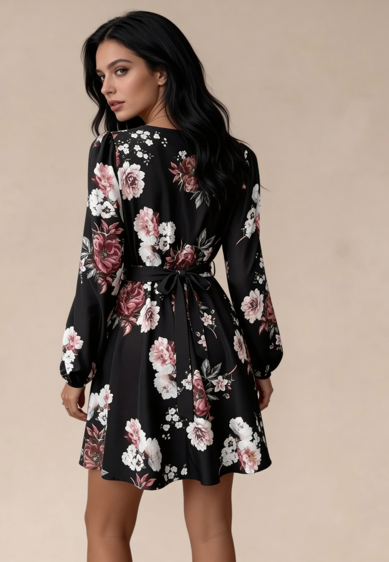 Czarna sukienka w kwiaty z kopertowym dekoltem i wiązaniem w talii