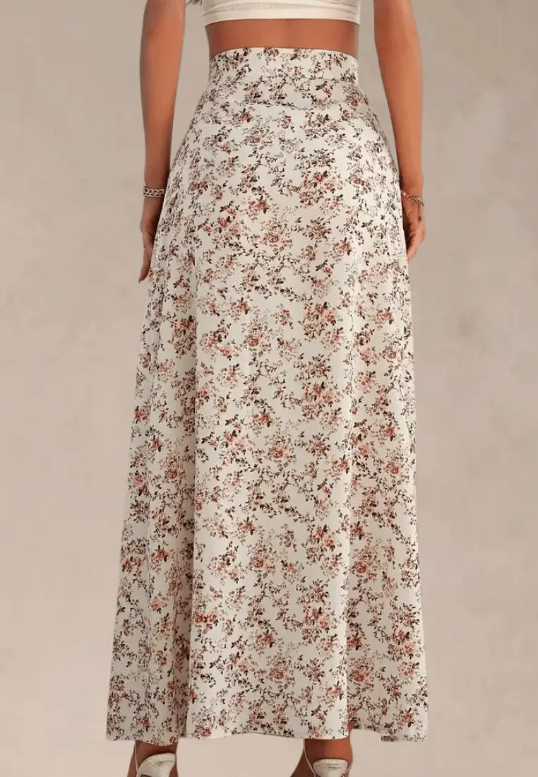 Kremowa spódnica damska rozkloszowana maxi kwiaty rozcięcie wysokisty stan