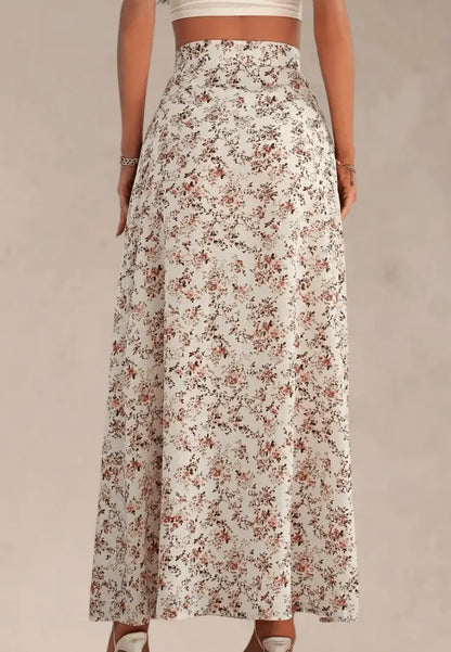 Kremowa spódnica damska rozkloszowana maxi kwiaty rozcięcie wysokisty stan