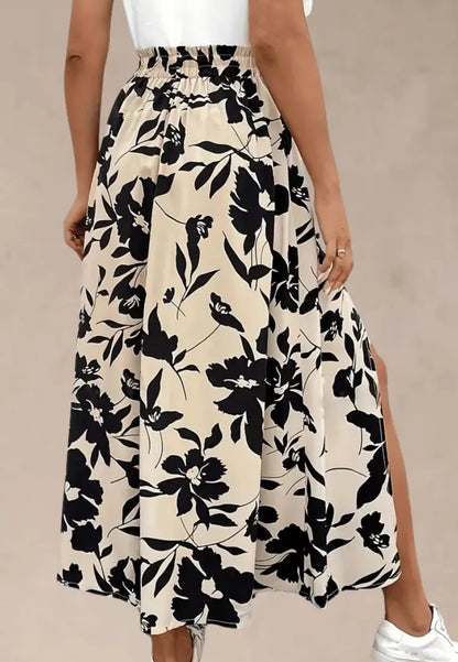 Beżowa spódnica damska rozkloszowana maxi kwiaty wysoki stan