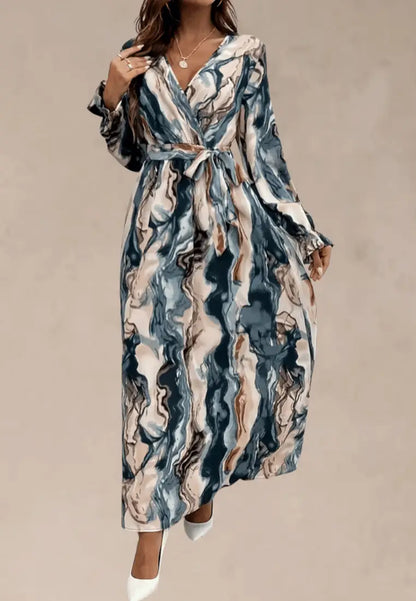 Zielono‑beżowa sukienka kopertowa marmurkowy wzór z paskiem i długim rękawem