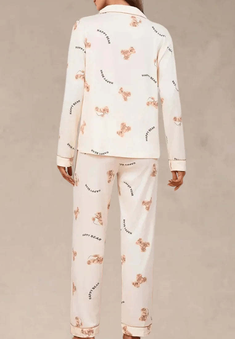 Kremowy komplet piżamowy damski z długim rękawem i spodniami w misie