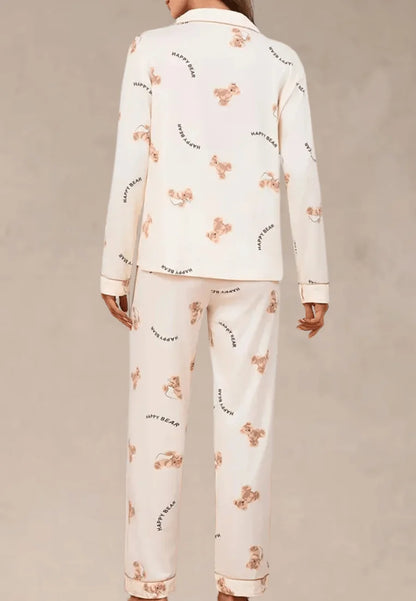 Kremowy komplet piżamowy damski z długim rękawem i spodniami w misie