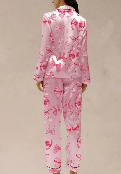 Różowy komplet piżamowy damski z długim rękawem i długimi spodniami w kokardki