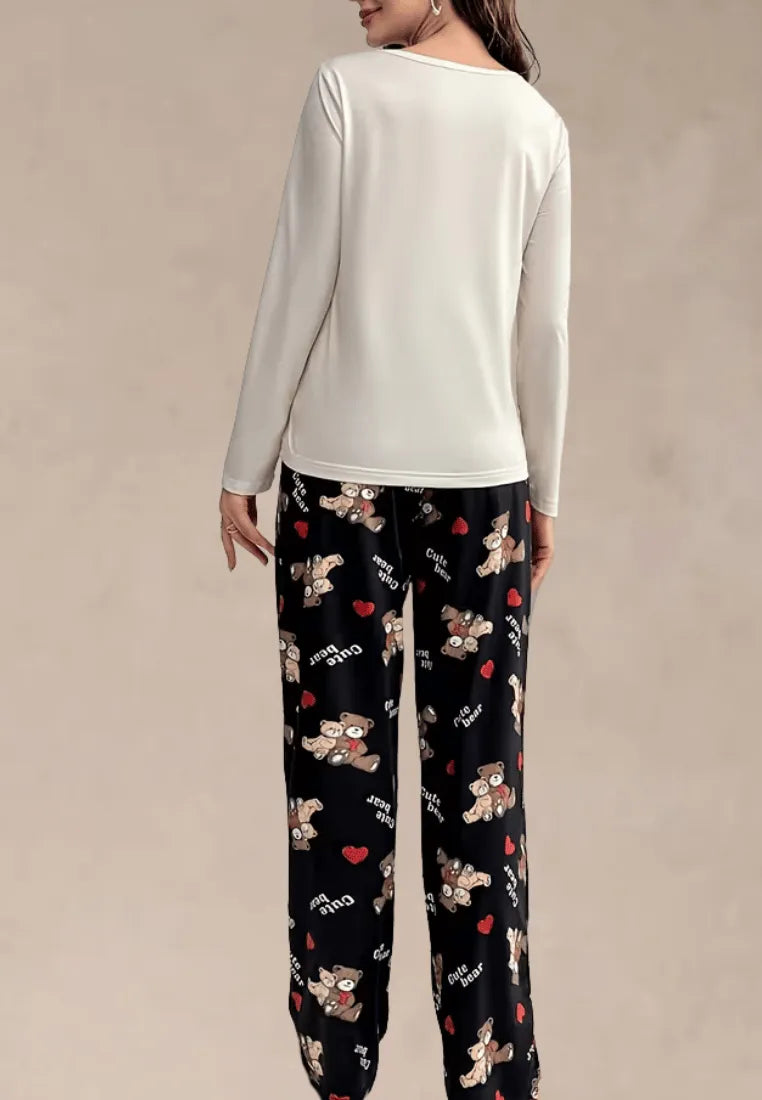 Komplet piżamowy damski z długim rękawem i długimi spodniami z misiami