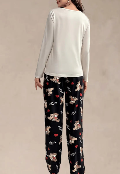 Komplet piżamowy damski z długim rękawem i długimi spodniami z misiami