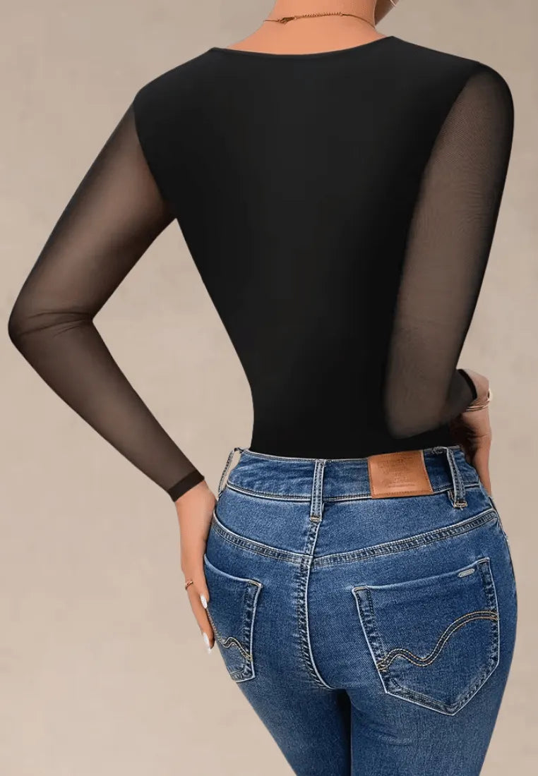 Czarne body damskie gorsetowe z siateczką i kryształkami na długi rękaw