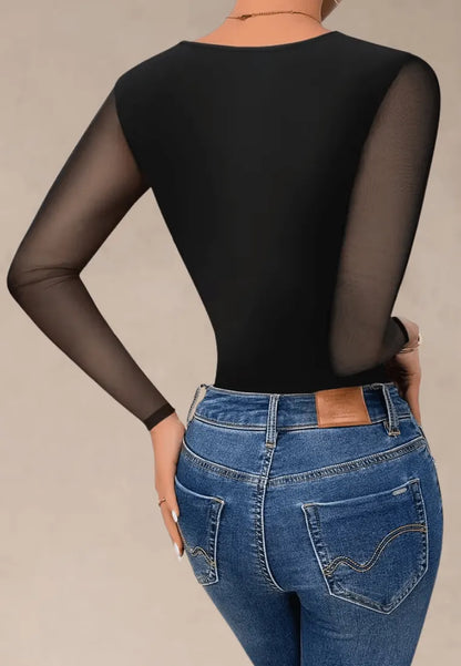 Czarne body damskie gorsetowe z siateczką i kryształkami na długi rękaw