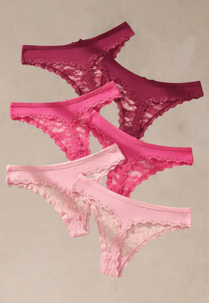 Zestaw 6 szt. stringi majtki damskie koronkowe bawełniane różowe i bordowe