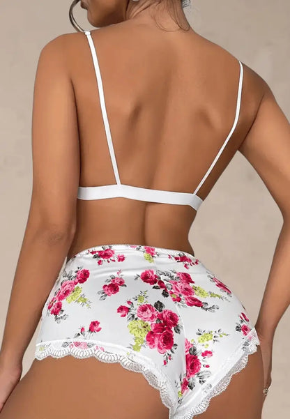 Biały komplet bielizny damski biustonosz i figi w kwiaty z koronką